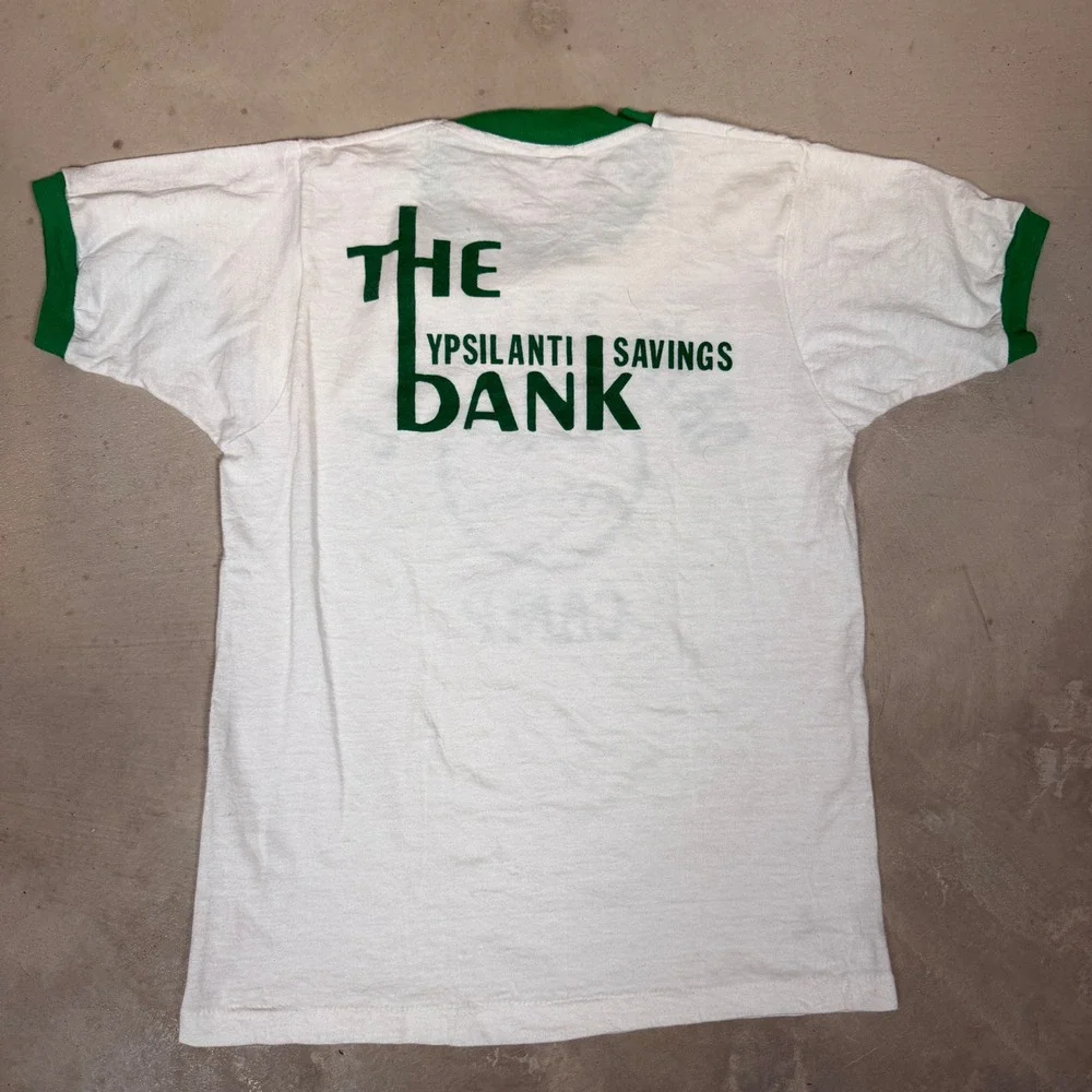 Vintage 80s Oaks Baseball Camp Ringer T-Shirt White Green men's small tight